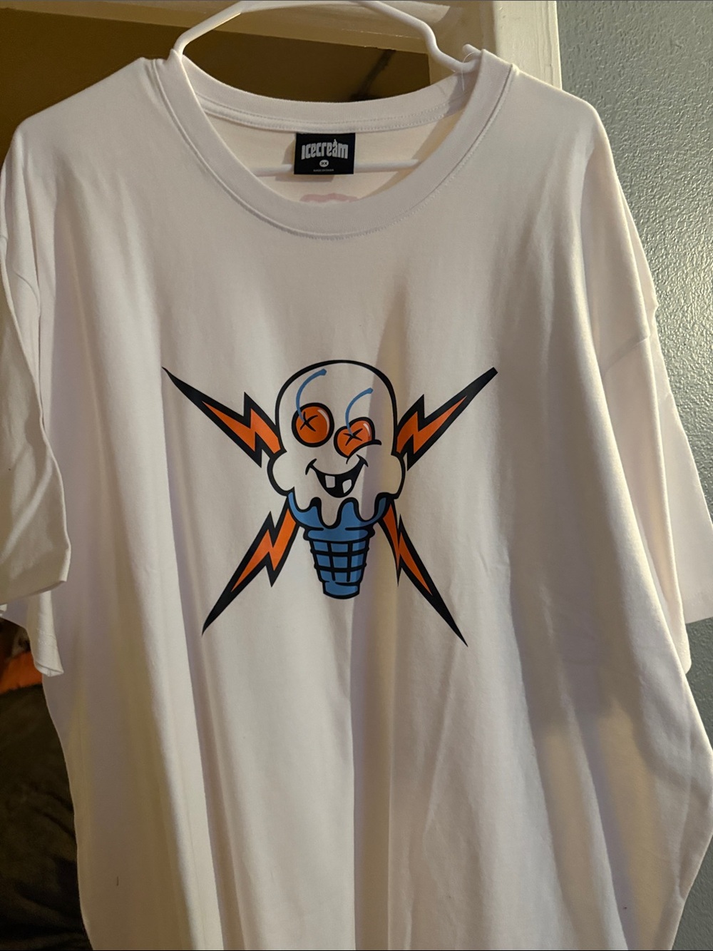 Icecream White Graphic Tee with Blue and Orange Ice Cream Skull
